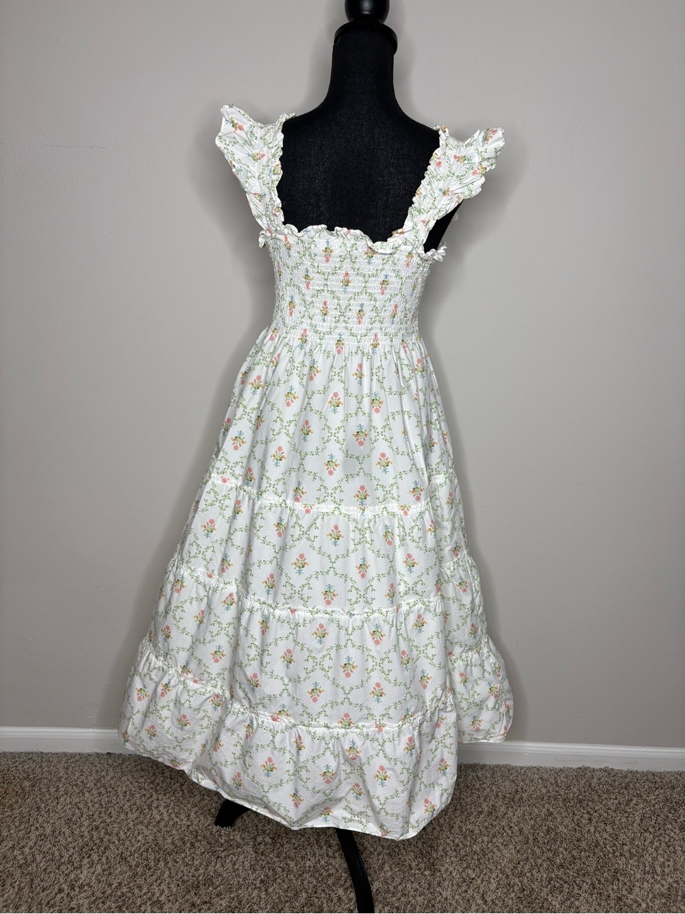Hill House White Floral Smocked Maxi Dress with Pink & Green Accents - Picture 4 of 4